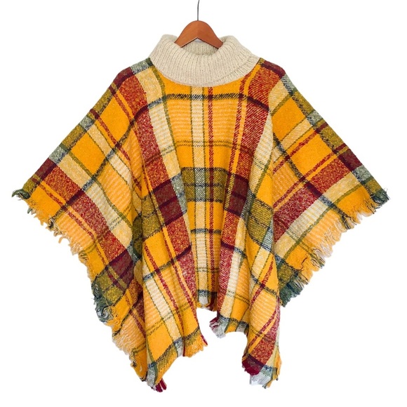 NEW Chloe Cozy Soft Long Boho Plaid Turtleneck Pullover Poncho Fringe - Picture 2 of 12